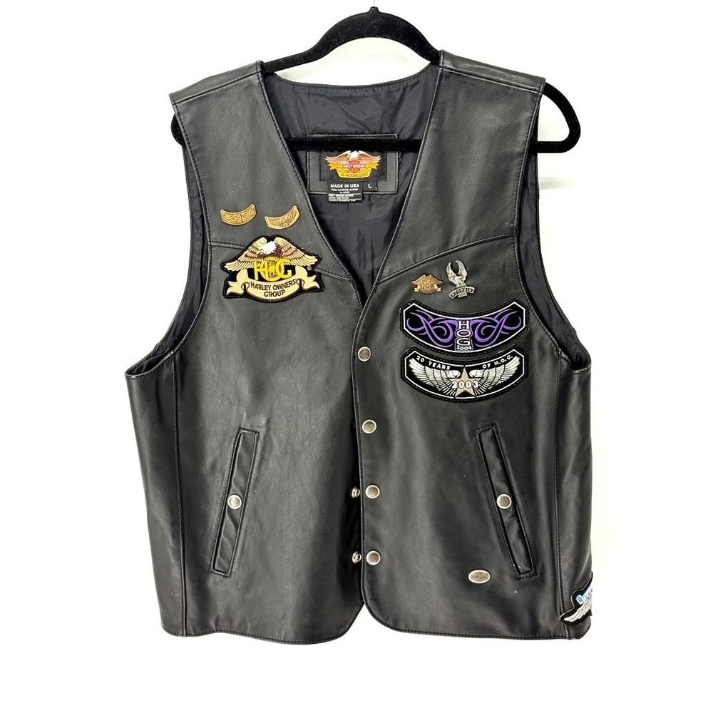 VTG Harley Davidson Mens HOG Patched Leather Vest Size L Biker Americana Sturgis